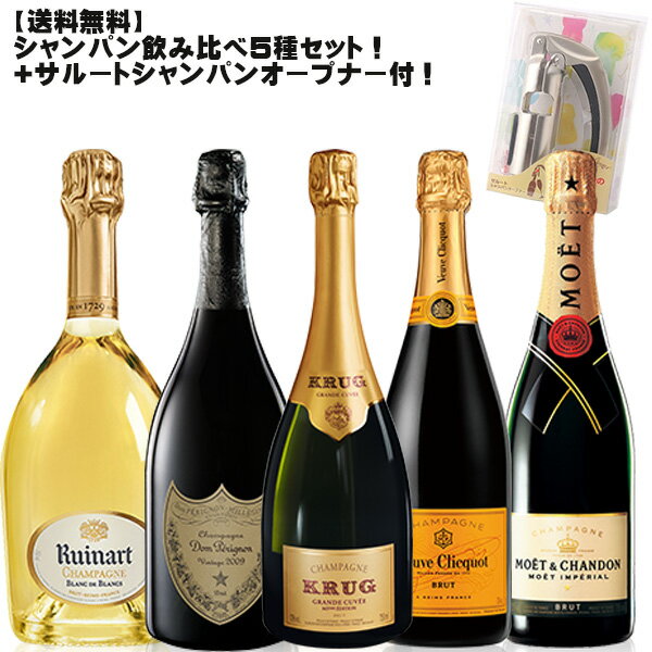 シャンパンボトルオープナー 【送料無料】シャンパン飲み比べ各種750ミリ5本セット＋サルート・シャンパンオープンナー付き！【数量限定】【ドン・ペリニヨン クリュッグ ヴーヴ・クリコ ドン・リュイナール モエ・エ・シャンドン ワインセット 】