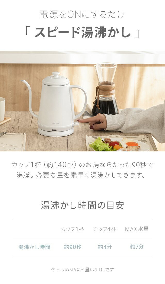 【1年保証】 電気ケトル ケトル 電気 おしゃれ 送料無料 電気ポット 電気やかん 湯沸かしポット 湯沸しポット 湯沸かしケトル 湯沸かし器 ステンレス コーヒー用 コーヒードリップ 細口 スリムノズル 北欧 かわいい