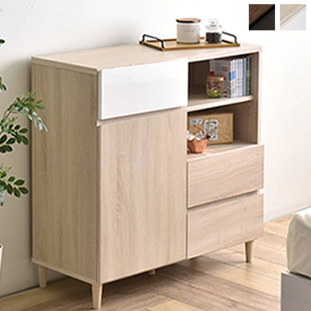 90 キャビネット ブラウン/オークナチュラル 脚付き リビングキャビネット シンプル/ナチュラル/北欧/レトロ/モダン/ミッドセンチュリー/ブルックリン 幅88cm 奥行き39cm 高さ90cm 鏡面 ツヤ ロー