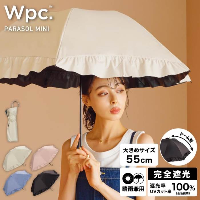 【200円クーポン】 Wpc. ワールドパーティー 2025 日傘 遮光ドームパラソル フリル ミニ ブルー 遮光率100% UVカット率100% UPF50+ 遮熱 晴雨兼用 折りたたみ傘 親骨55cm 801-13217-102 ＜ワールドパーティー レディース プレゼント PU加工 かわいい おしゃれ お返し＞