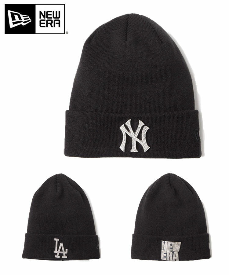 NEW ERA ニューエラ ニットキャップ 帽子 ニット帽 BASIC CUFF KNIT ベーシック カフニット Rhinestone Badge ラインストーン 14670023 14670024 14670022 ロゴ 刺繍 防寒 ヤンキース ドジャース メンズ レディース ユニセックス 国内正規品 ブラック 冬 人気 ブランド