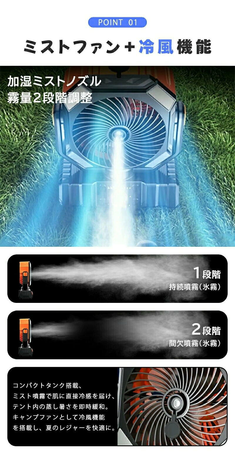 【ミスト×強風×照明×緊急充電】キャンプ 扇風機 10000mAh ミストファン 充電式 多機能 リモコン付き タイマー機能 無段階風量調整 左右首振り LEDライト大容量 バッテリー サーキュレーターコードレス風量タイマー吊り下げ壁掛け 車中泊アウトドア