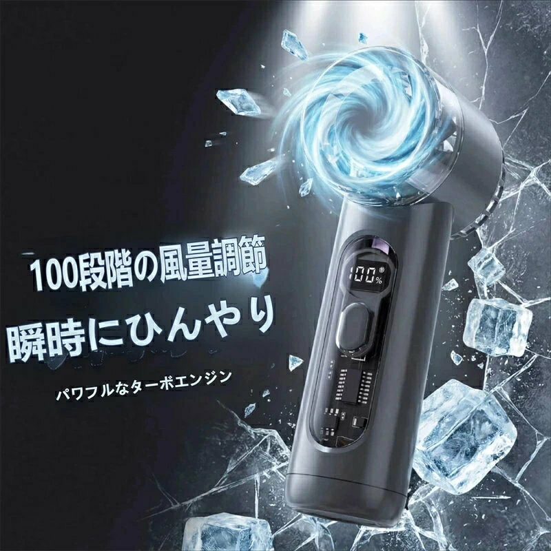 商品コンセプト テクノロジーとファッションが融合した、新世代のハンディファン。 より速く、より涼しく、より遠く 届く風で、夏の暑さを快適に乗り越えます。 主な特徴 1. パワフルな「百段ハリケーン風」で瞬間氷冷 強力なタービン駆動により、驚きの送風力を実現。 肌に触れた瞬間からひんやりと涼しく、まるで氷のような爽快感を届けます。 2. 100 段階の無段階風量調整 × LED デジタル表示 微風から強風まで、100 段階の細かい風量調整が可能。 LED ディスプレイで風量やバッテリー残量が一目で確認でき、使い勝手も抜群です。 3. コンパクト & 軽量設計で持ち運びラクラク 手のひらに収まる超ミニサイズで、見た目もスタイリッシュ。 ポケットやバッグにもすっぽり収まり、通勤・通学・アウトドアまで、どこへでも連れていけます。 4. 3000mAh 大容量バッテリーで長時間使用 大容量バッテリーを搭載し、長時間の外出でも電池切れの心配が少なく、 1 日中快適な涼しさをキープできます。 こんなシーンで活躍します 通勤・通学時の混雑した電車や屋外で オフィスや自宅のデスクで卓上ファンとして 花火大会・キャンプ・スポーツ観戦などのレジャーで 子どもや高齢者の熱中症対策にも ご使用上の注意 初回使用前に、付属のケーブルでフル充電をお願いします。 分解・改造や水に濡らす行為は、故障の原因となりますのでお控えください。 小さなお子様の手の届かない場所で保管してください。