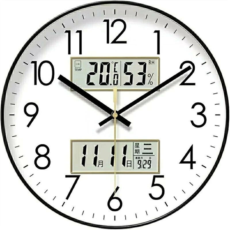 壁掛け時計サイズ:直径25/30/35 重量:1kg 電源:5号電池2個(電池別売) 機能:連続秒針 温度計(-20~45℃) 湿度計(0~99%) カレンダー表示(2099年12月31日まで) ユニバーサルデザインフォント使用 【壊れにくく静かな秒針】壁掛け時計のように滑らかに動く連続秒針を採用。ピンと刺さるような音がしないので、寝室や静かな部屋に最適です。滑らかな秒針が、安らかな眠りと時間への集中を助けます。 【便利なデジタル温度湿度カレンダー付き壁掛け時計】デジタル液晶文字盤でお部屋の状態（温度湿度）や日付を確認できます。 【快適なデザイン】壁掛け時計はスタイリッシュです。時刻を確認しやすくするために、外枠を小さくし、幅広のデザインにすることを心がけています。 【時計 温湿度】「視認性」を見直し、流行に左右されない。文字の太さと目盛りを見直しました。この壁掛け時計は、読みやすいユニバーサルデザインフォントを採用した、長く使えるデザインです。画像はご覧になっているモニターやPCなどの環境により、実物と多少カラーが異なる場合がございます。 ページに記載の通りですが、製造時期や改良などによって仕様が若干異なる場合がございますので何卒ご了承下さい。 基本的には全国一律送料無料と対応させていただきますが、ご送付先は沖縄北海道など離島の場合は2500円の送料をご請求させていただきます、ご注文後追加送料があります。 色味やサイズが異なるなどのクレームはご対応致しかねますので、ご了承ください。 商品のサイズは採寸方法によって、若干な誤差が生じる場合はあります。ご了承ください。 こちらの対応と商品について何かご不満がありましたら、「レビュー」を付ける前に一度ショップとご連絡してお願いいたします、ショップの誠意を持って最後まで対応させていただきます。 ◎販売している商品は全て新品未使用です、倉庫から出荷前に検品必要ですので、箱を開封する場合もございます、予めご了承くださいませ。 ◎初期不良の場合は到着後3営業日以内にご連絡ください。 ◎初期不良の場合は写真や動画を送って下さい、確認後無料で新品交換もしくは御返金致しますのでご連絡下さい。 ◎写真や動画を送っていただけない場合は技術者と確認できません、返品返金対応出来ない可能性が御座います、予めご了承くださいませ。