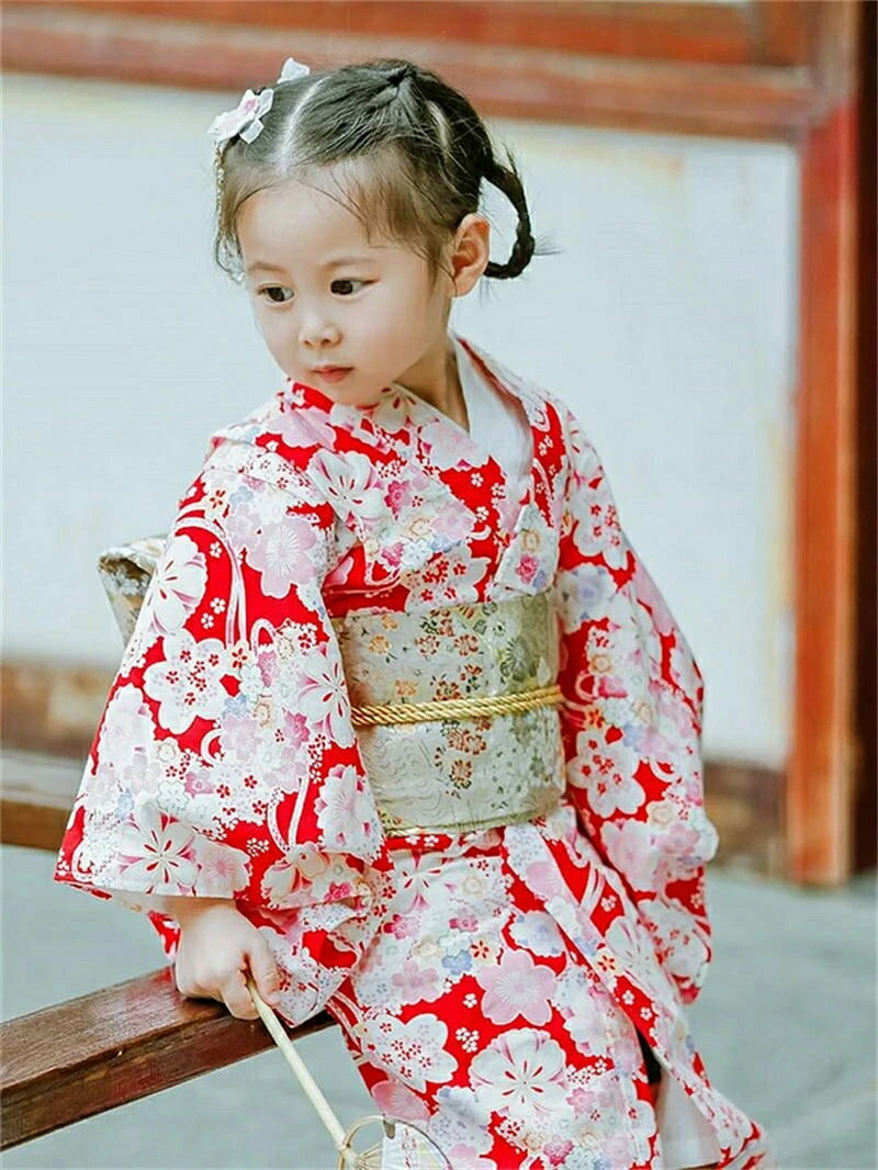 桜 レッド 浴衣 ゆかた 子供 yukata 子ども 女の子 キッズ 簡単着付け 作り帯 セッ...