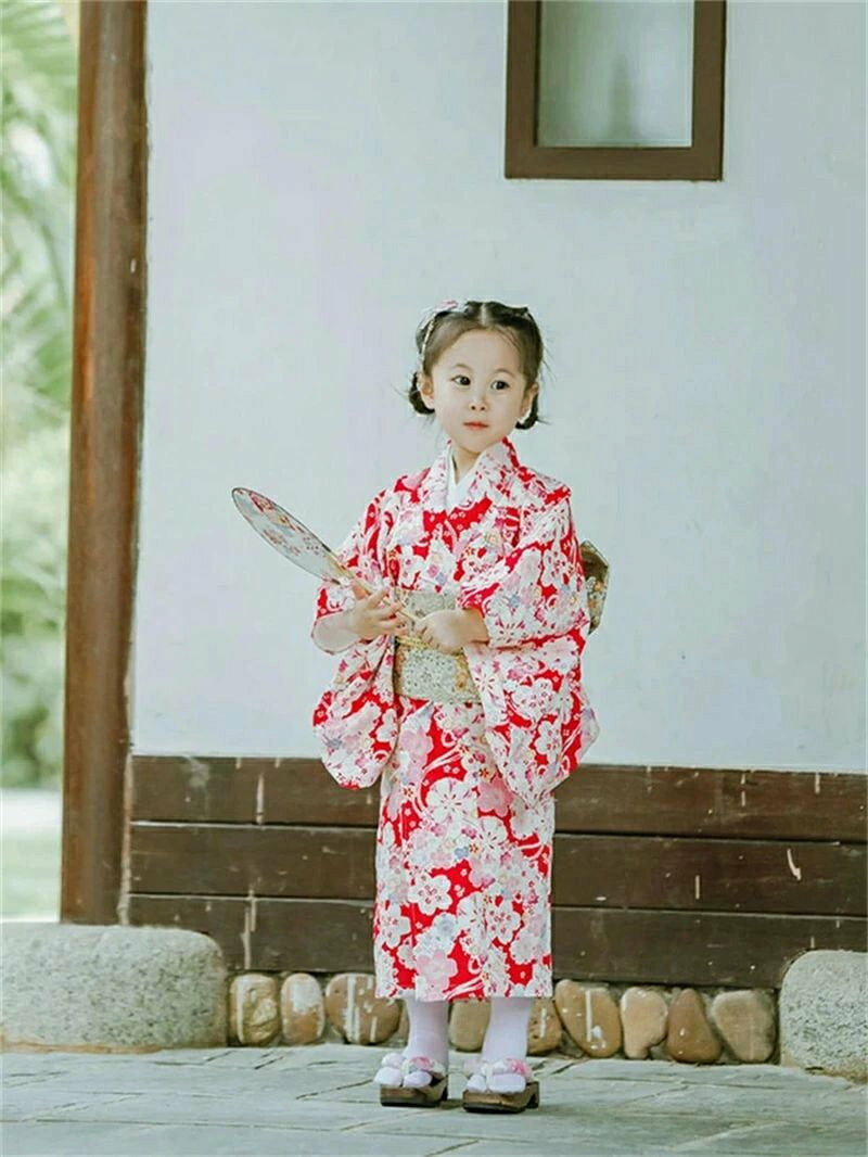 桜 レッド 浴衣 ゆかた 子供 yukata 子ども 女の子 キッズ 簡単着付け 作り帯 セッ...