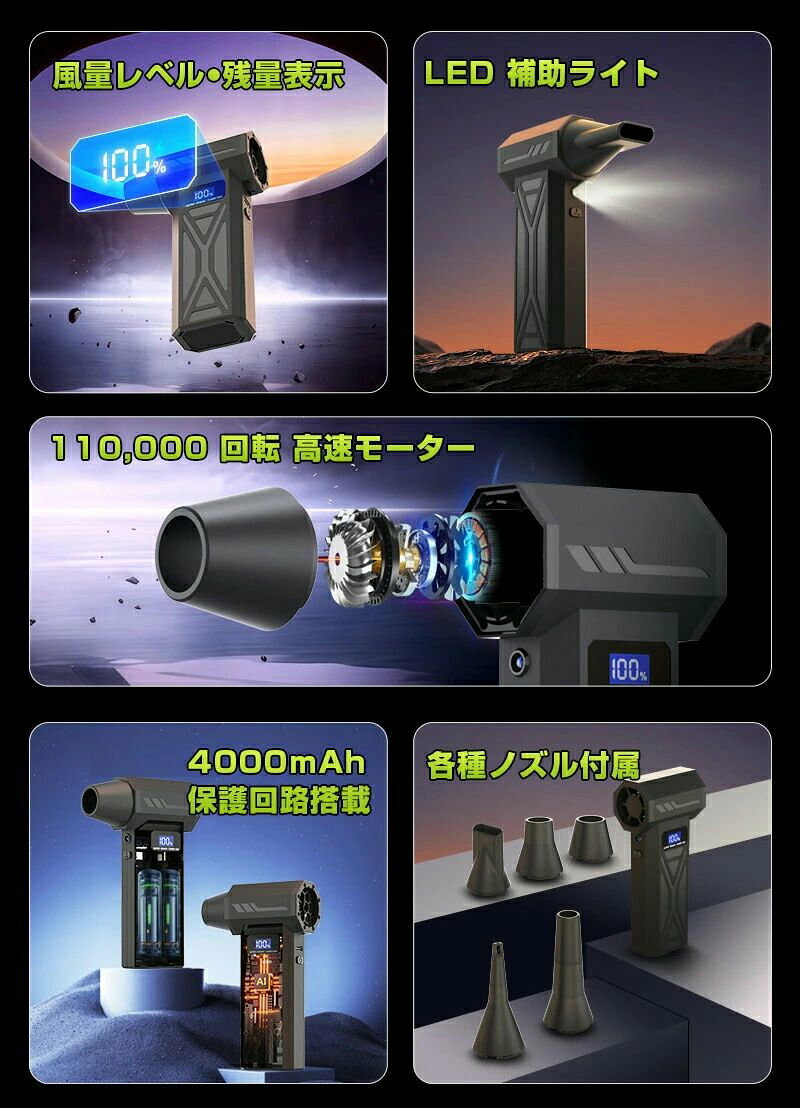 エアーダスター ブロワー 電動ブロワー 充電式 コードレス 110000RPM 高速回転 風...