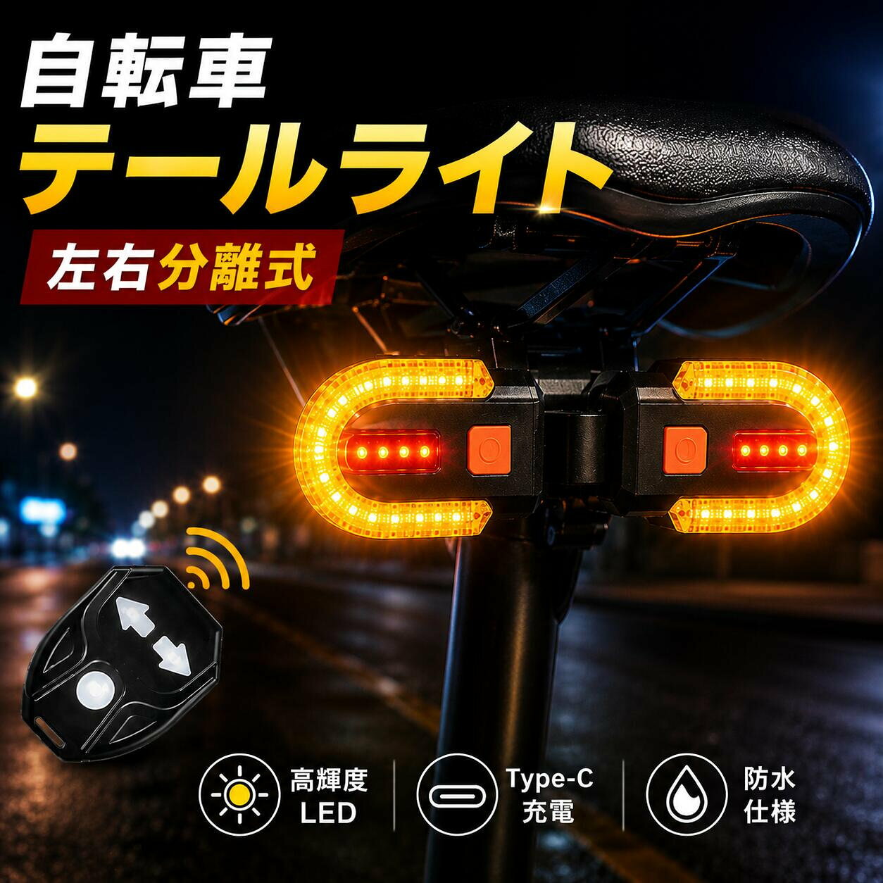 自転車 テールライト 左右分離式 LEDウインカー リモコン操作 高輝度 USB-C充電 防水 夜間安全対策左右分離式ウインカー搭載 夜間走行の安全対策に夜道でも、しっかり伝わる安心感。左右分離式ウインカーを搭載した自転車用テールライト。通常のテールライトでは伝えにくい進行方向を、後方へ明確にアピールできます。手元リモコンで、簡単に方向指示走行中でもリモコンで直感的に操作できるため、片手で無理なく切り替え可能。通勤通学夜間サイクリングなど、幅広いシーンで活躍します。高輝度LEDで、視認性をしっかり確保明るく点灯する高輝度LEDを採用。暗い道でも存在感を出しやすく、後続車への注意喚起に役立ちます。USB-C充電式で、普段使いしやすい電池交換の手間がなく、USB-Cで手軽に充電可能。繰り返し使えるので、日常使いにも便利です。防水仕様で、急な天候変化にも対応防水仕様のため、突然の雨でも安心してお使いいただけます。自転車のサドル下に取り付けるだけで、夜間の安全性をサポートします。