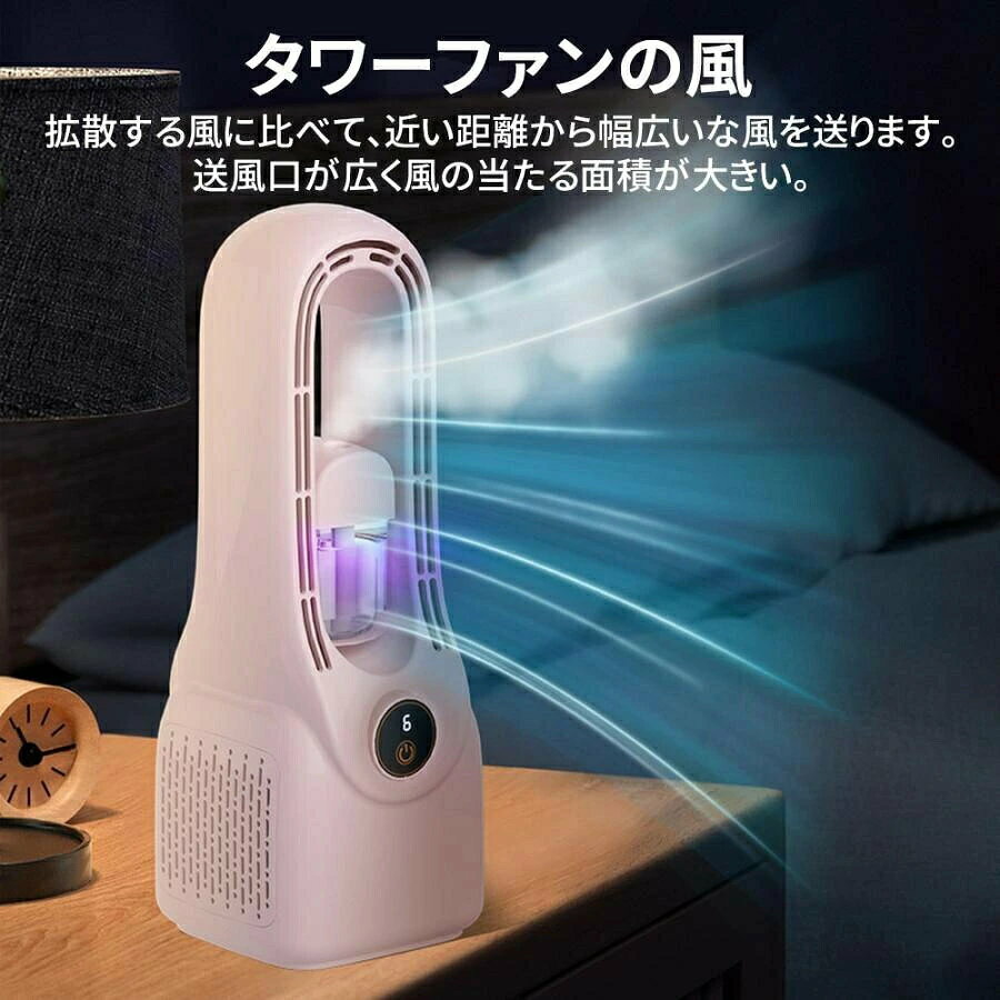 どんすずの扇風機 羽根なし タワーファン加湿器 大風量 静音 USB給電式 おしゃれ 省エネ 空気循環 速冷 熱中症対策 軽量 足元 2026新品 卓上扇風機 リビング扇風機 1台2役｜アングル3