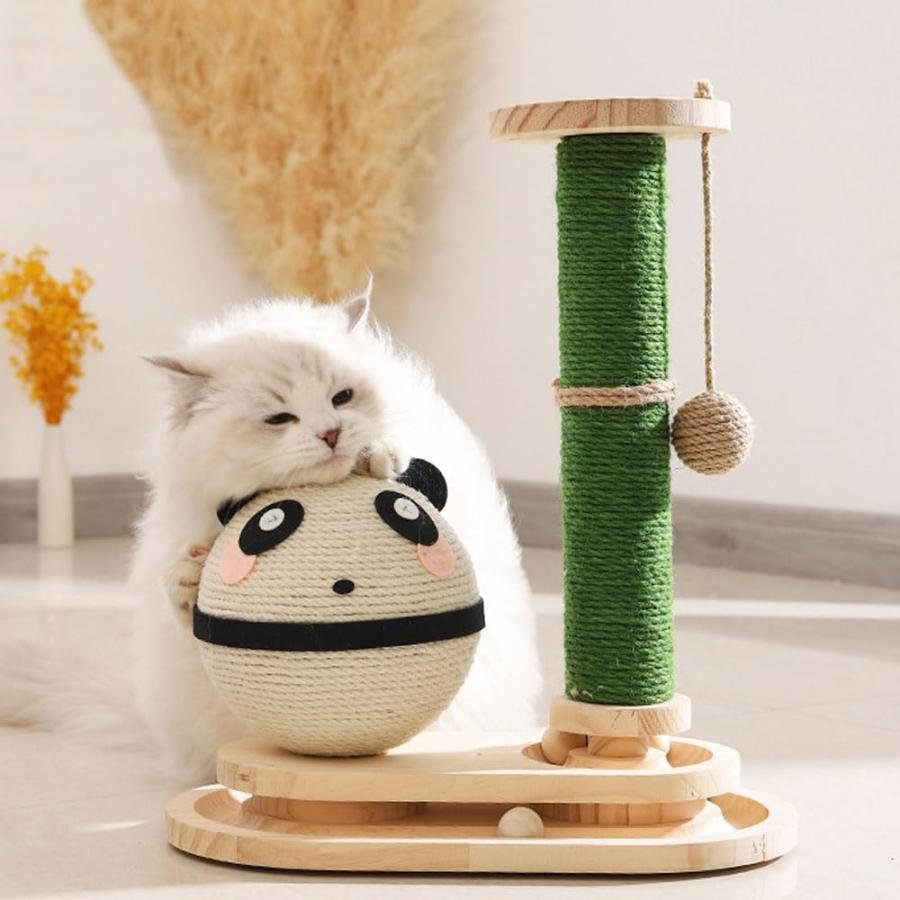 2in1 猫タワー 爪研ぎ おもちゃ パンダ 木製 キャットタワー 爪とぎ ポール 麻 小型 コロコロ ボール遊び タワー 子猫 保護猫 つめとぎ 爪磨き カスが出ない 遊ぶ盤付き 安全 安心 可愛い