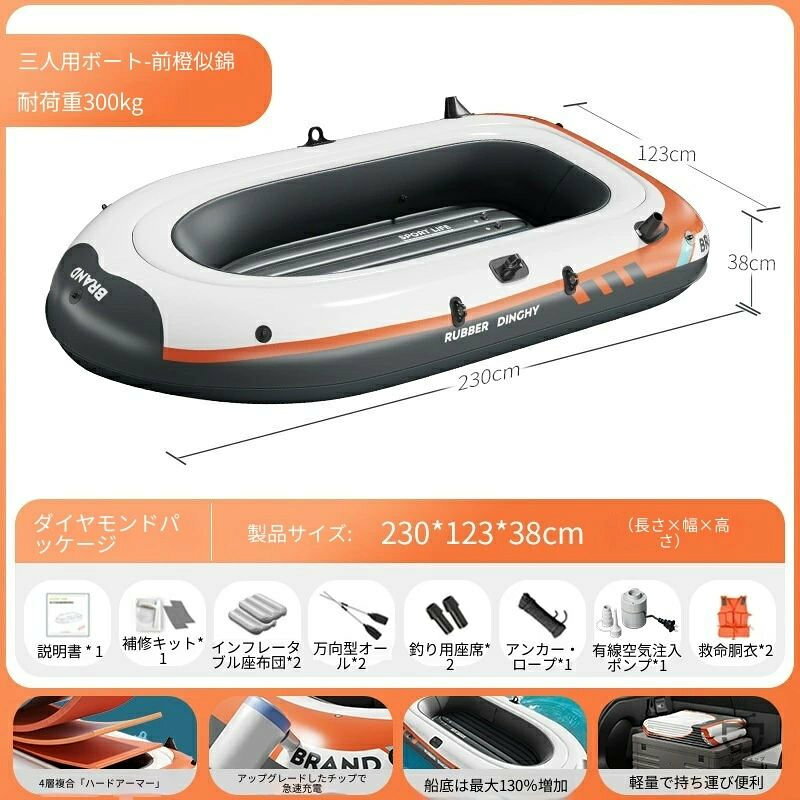 どんすずの2026 年新作 インフレータブルカヤック 厚手強化 屋外ファミリー用 釣りボート レスキューボート 耐摩耗 高側壁 ゴムボート 複数人乗り 漂流用 急速空気入れ 独立気室 セット｜アングル3