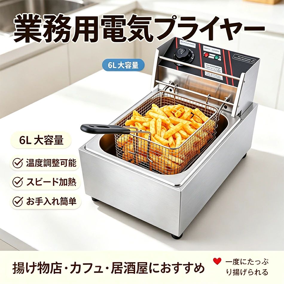 商品特徴 【厚いステンレス鋼】進化版厚めのステンレス鋼で、外層に3層の合金メッキが施されています。その目的は、フライヤーを耐摩耗性と防錆性にすることです。 【急速加熱】2500W発熱体を備えたこの電気フライヤー装置は、2分間の急速加熱、熱がオイルタンクを取り囲み、油温が食品の栄養素を固定し、サクサクした味わい。 【精密な温度制御】温度を60℃〜200℃の間にコントロールでき、調理温度は10℃ごとに細かく設定でき。確な温度、食材に含まれる旨味・風味・栄養素やビタミンの流出も防ぐことができ。 【適用する範囲】天ぷらや串カツなどの揚げ物が手軽に作れます。レストラン、お茶屋、ベーカリー、寿司屋などを勧められます；ポテトフライ、串揚げ、から揚げ、 揚げ物等などを作り。 【操作が簡単】油槽に油を注入する；通電、油を予熱する；設定温度到達になった後、準備した食品を入れる；揚げ完了、温度調整スイッチを反時計回りに回して電源切ってからブラグを抜いて下さい。油槽等は分解して洗浄する。（ご注意：初回使用、製品本体の保護フィルムを剥がして洗浄必要があります；油が油槽に注入前に、通電は禁止です。 【3足電源プラグ】 電圧が100-110v日本専用仕様ですけれど、電源プラグが3足のものです。アマゾン検索欄に3Pプラグを2Pに変換用アダプタとキーワードで検索して購入すれば、本製品を家庭用でも正常に使えます。疑問点がございましたら、遠慮なく弊店に連絡してください。 商品仕様 品名：電気フライヤー 容量: 4L/6L/12L(二槽式) 消費電力: 2500W 材質：ステンレス鋼 注意事項 ※同じ注文で2点以上ご購入頂く場合には、分けて発送可能性がございます。 1.洗濯の際は色落ちの可能性がありますので単品手洗いでお願いいたします。 2.モデル着用写真は画面上のカラーと実物では、多少色味が異なって見える場合もございます。お客様が使用するパソコンのモニター設定や部屋の照明により多少、色の変化が感じられる場合がございます。 3.身幅はゆったりしており、着替え方は上から被って全身を覆います.着丈の長さとご自身の身長でのサイズ選びがお勧めです。推奨身長目安の±2〜3cmの差は適応するかと思います。 4.ご存知の通り海外の工場での縫製は日本の工場と比べますと、細かい点で雑に見えるものがございます。 5.画像はご覧になっているモニターやPCなどの環境により、実物と多少カラーが異なる場合がございます。 6.基本は全国一律発送無料と対応させていただきますが、沖縄・北海道へお届けの場合は2000円の送料をご請求させていただきます。 7.色味やサイズが異なるなどのクレームはご対応致しかねますので、ご了承ください。 8.商品のサイズは採寸方法によって、若干な誤差が生じる場合はあります。ご了承ください。 9.こちらの対応と商品について何かご不満がありましたら、「悪い評価」を付ける前に一度当方とご連絡ください。出品者の誠意を持って最後まで対応いたします。 10.当店は取り寄せ商品を販売しておりますなの、メーカー、仕入先の在庫保管方法の違いや、長距離輸送や航空輸送により、多少細かなキズ、汚れ等が見られる場合がございます。予めご了承ください。 11.初期不良品以外、イメージ、サイズや色の感じ違いの理由など、キャンセルや返品はお受けることができません。ご了承下さいませ。 > 品質保証 ◎※出品する商品は全て新品未使用です。 ◎※初期不良の場合は到着後1週間以内にご連絡ください。 ◎※初期不良の場合は写真やビデオをご提供下さい、確認後無料で新品交換もしくは御返金致しますのでご連絡下さい。 ◎※写真やビデオをご提供出来ない場合は技術者と確認できません、返品返金対応出来ない可能性が御座います、予めご了承ください。 > 関連キーワード（本商品の説明ではありません） 電気フライヤー 一槽式 ミニフライヤー 6L 卓上フライヤー 卓上電気フライヤー 揚げ物器 60-200℃温度調節6L大容量 110V/2500W 油切り網付き 大容量 家庭用 業務用 フライヤー 家庭用/業務用 揚げ物 電気フライヤー 揚げ物 業務用小型フライヤー 卓上 小型 電気 串揚げ 揚げ物機 110V 6L 一槽式 ミニフライヤー 厨房 串揚げ 揚げ物機 110V 6L 一槽式 ミニフライヤー 卓上フライヤー 厨房 業務用