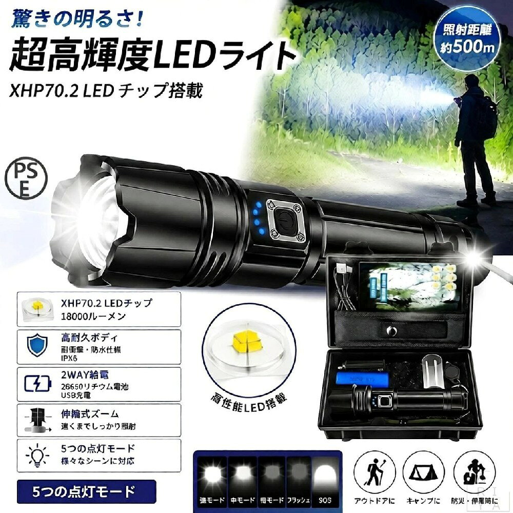 商品情報商品仕様■タイプ：A / B / C / D / E■LED：XHP70.2 LEDチップ■防水性能：IP67相当※水中での使用不可■調光モード：5モード■電源方式・26650リチウム電池対応・18650リチウム電池対応・単4形乾電池対応（付属していません）■バッテリー容量18650：約1200mAh26650：約3000mAh■素材：アルミ合金■パッケージ：紙箱/プラスチック包装商品説明【XHP70.2 LED搭載・高輝度照明】高性能XHP70.2 LEDチップを採用した充電式懐中電灯です。広範囲を照らすことができ、暗い場所での作業や夜間のアウトドアシーンなどに便利です。キャンプ、ハイキング、夜釣り、散歩、車載用、防災用ライトなど、さまざまな場面で活躍します。【丈夫なアルミ合金ボディ＆防水仕様】本体には耐久性のあるアルミ合金素材を採用。持ち運びしやすく、アウトドアでの使用にも適した設計です。IP67防水仕様で、突然の雨などの環境でも使用できます。※完全防水ではありませんので、水中での使用はお控えください。【2WAY給電対応】充電式リチウム電池（26650）と乾電池（単4形）に対応した便利な仕様です。付属のUSBケーブルで充電できるため、電池交換の手間を軽減できます。※充電時間や使用時間は使用環境・モードにより異なります。【5モード調光＆ズーム機能】用途に合わせて明るさを切り替え可能。・高輝度モード・中輝度モード・省エネモード・点滅モード・SOSモードヘッド部分を伸縮することで、照射範囲を調整できます。近距離の照明から遠くを照らしたい場面まで、シーンに合わせて使用できます。幅広い使用シーン・キャンプやアウトドア・夜間のウォーキング・夜釣り・登山やハイキング・車載用ライト・停電時の備え・防災用品としての備蓄普段使いから非常時の備えまで、1台あると便利なライトです。キーワード懐中電灯 LEDライト ハンディライト 充電式ライト LED懐中電灯 高輝度ライト 防水ライト IP67 ズーム機能 5モード調光 USB充電 XHP70.2 LED 18650対応 26650対応 アウトドアライト キャンプ用品 登山用品 夜釣り 防災グッズ 防災用品 停電対策 非常用ライト 作業灯 夜間作業 ウォーキング 犬の散歩 車載ライト 携帯ライト 緊急用ライト コンパクト ライト アルミ合金 収納ケース付き 収納バッグ付きメーカー希望小売価格メーカー希望小売価格はメーカーサイトに基づいて掲載していますメーカー希望小売価格はメーカーサイトに基づいて掲載していますメーカー希望小売価格はメーカーサイトに基づいて掲載しています【楽天スーパーSALE★半額＆P2倍】懐中電灯 LED 強力 ハンディライト 充電式 XHP70.2 LED 高輝度 IP67防水仕様 5モード調光 ズーム調節 USB充電対応 アウトドア 防災 キャンプ 夜釣り 登山 停電対策 収納バッグ付き 懐中電灯 LED 強力ライト 高輝度 防水仕様 XHP70.2搭載 5モード調光 ズーム機能 充電式 ハンディライト 収納ケース付き 5