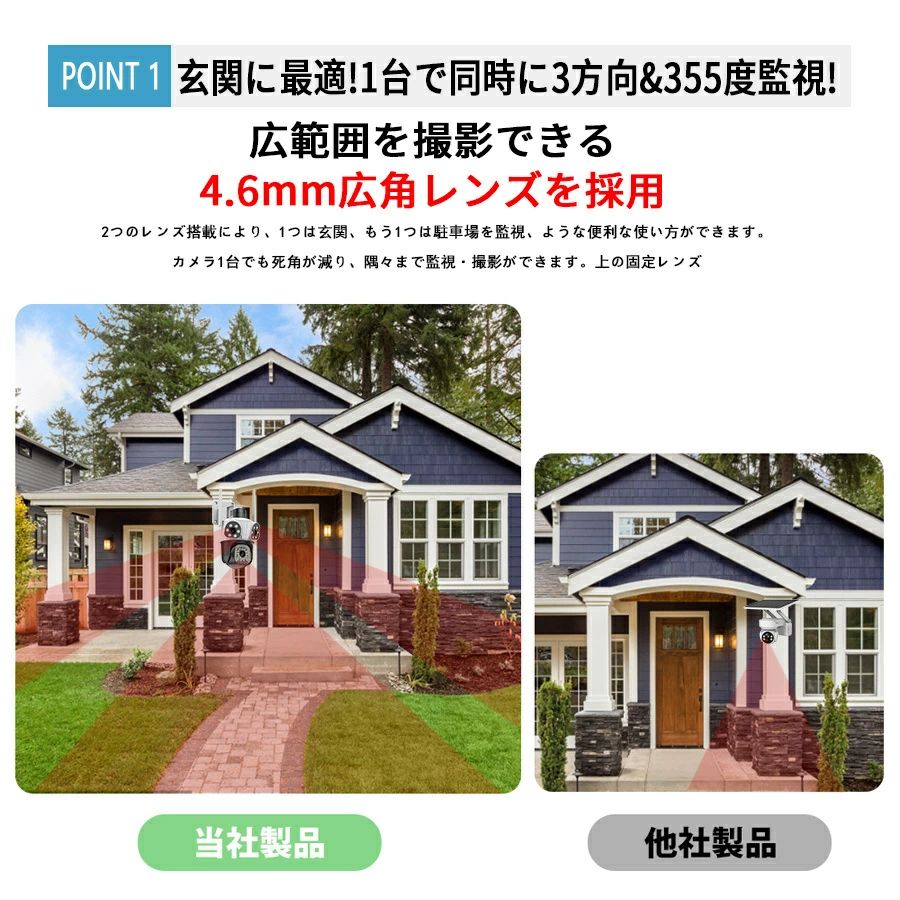防犯カメラ 屋外 家庭用 500万画素マルチスクリーン 360° 首振り 自動追跡 夜間カ...
