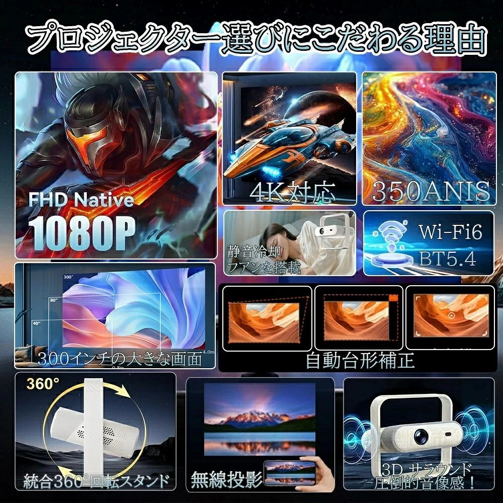 【AI全自動フオーカス】プロジェクター 家庭用 小型 天井投影 スマホと繋げる 1080...