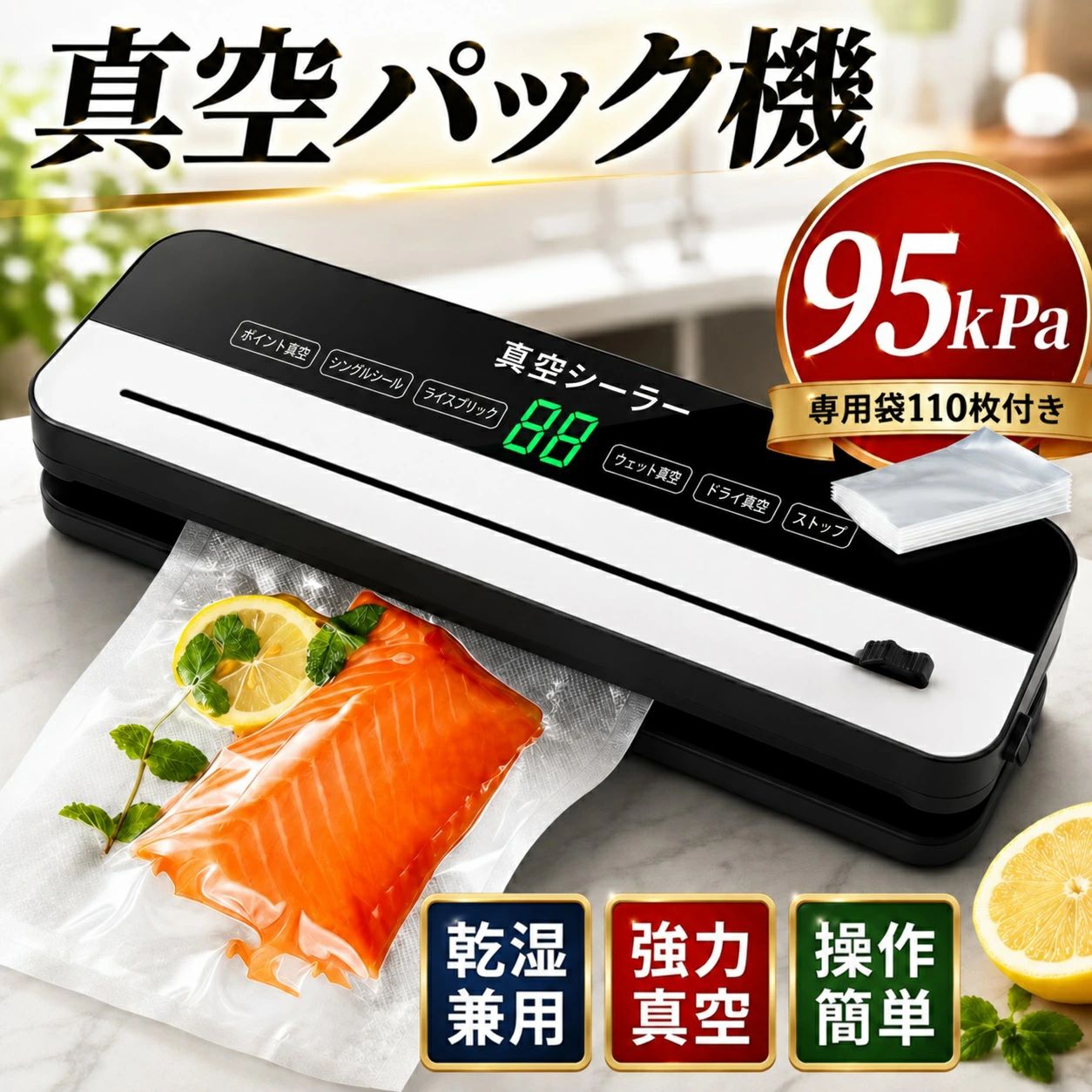 商品情報製品仕様製品名：真空パック機製品重量：600g電源電圧：100-110Vカラー：ブラックデザイン選択：モデルA、モデルBヒーター線幅：3mmシールリング：高シール性シリコンゴム外装材質：PVC動作モード：全自動 / 手動制御一体型対応袋幅：30cm機体サイズ：356*110*55mm（縦横高さ）【多食材対応】乾燥（お菓子・薬材）、湿性（海鮮・野菜）、油性（肉・漬物）、粉状（五穀・雑穀）といった多様な食材に対応しております。真空密封、乾湿吸引、単独密封、手動脱気といった機能も備えており、食品の鮮度を長期間保つことができ、家庭での調理や保存に大変役立ちます。【高鮮度長持ち】真空保存することで、食べ物の変質スピードを遅らせ、美味しさを長くお楽しみいただけます。20 度の恒温実験室でのテスト結果によると、調理済み食品は 1 - 3 日から 6 - 8 日へ、海鮮は 2 - 3 日から 12 - 13 日へと、各食材の鮮度保持期間を大幅に延長できることが確認できます。【先進品質と使いやすさ】業界屈指のベンチマークとなる先進的な品質を誇り、真空で鮮度をロックする機能に加え、カッター機能付き、ベース取り外し可能、片手で簡単操作といった使い勝手の良さも備えております。また、第 3 世代銅製内芯モーター技術を採用しており、乾燥 / 湿潤 / 油分 / 粉状といった様々な食材に汎用してご使用いただけます。【防水タッチで直感操作】防水仕様のタッチディスプレイを搭載しており、操作が非常に簡単です。手動脱気、シールのみ、お米、汁気物、乾燥物、ストップといったモードがあり、家庭のあらゆるニーズに対応し、食品の鮮度を守り、冷蔵庫を清潔に保ち、ニオイ移りを防ぎ、美味しさを長持ちさせます。【強力吸引と多包密封】強力な吸引力を持っており、500g から 5kg までのお米も吸引して真空保存することが可能です。また、30cm の延長シールにより多包密封が可能で、一度に多くのパックを密封できるため、効率的で時間節約になり、家庭用だけでなく商用にも適しております。密封部分も強化されているため、エア漏れが発生しにくく、小袋の茶葉袋なども密封できるなど、適用範囲が広いです。【キーワード】真空パック機 真空パック器 真空パック 真空シーラー フードシールド 真空パック機 真空袋付き 真空パック 袋 ロール 小型 軽量 家庭用 業務用 エンボス 加工 低温調理 冷凍 調理 吸引力95Kpa 専用袋 安全装置搭載 飲食店 保育園 冷凍 調理フードセーバー キッチン 強力 汁物対応 乾湿兼用 シーラー フードシーラー 真空包装機 送料無料 メーカー希望小売価格はメーカーサイトに基づいて掲載しています メーカー希望小売価格はメーカーサイトに基づいて掲載していますメーカー希望小売価格はメーカーサイトに基づいて掲載しています製品仕様製品名：真空パック機製品重量：600g電源電圧：100-110Vカラー：ブラックデザイン選択：モデルA、モデルBヒーター線幅：3mmシールリング：高シール性シリコンゴム外装材質：PVC動作モード：全自動 / 手動制御一体型対応袋幅：30cm機体サイズ：356*110*55mm（縦横高さ）【多食材対応】　　　　　　　　　　　　　　　　　　　　　　　　　　　　　　　　　　　　　　　　　　　　　　　　　　　　　　　　　　　　　　　　　　　　　　　　　　　　　　　　　乾燥（お菓子・薬材）、湿性（海鮮・野菜）、油性（肉・漬物）、粉状（五穀・雑穀）といった多様な食材に対応しております。真空密封、乾湿吸引、単独密封、手動脱気といった機能も備えており、食品の鮮度を長期間保つことができ、家庭での調理や保存に大変役立ちます。　　　　　　　　　　　　　　　　　　　　　　　　　　　　　　　　　　　　　　　　　　　　　　　　　　　　　　　　　　　　　　　　　　　　　　　　　　　　　　　　　　　　　　　　　　　　　　　　　　　　　　　　　　　　　　　　　　　　　　　　　　　【高鮮度長持ち】　　　　　　　　　　　　　　　　　　　　　　　　　　　　　　　　　　　　　　　　　　　　　　　　　　　　　　　　　　　　　　　　　　　　　　　　　　　　　　真空保存することで、食べ物の変質スピードを遅らせ、美味しさを長くお楽しみいただけます。20 度の恒温実験室でのテスト結果によると、調理済み食品は 1 - 3 日から 6 - 8 日へ、海鮮は 2 - 3 日から 12 - 13 日へと、各食材の鮮度保持期間を大幅に延長できることが確認できます。　　　　　　　　　　　　　　　　　　　　　　　　　　　　　　　　　　　　　　　　　　　　　　　　　　　　　　　　　　　　　　　　　　　　　　　　　　　　　　　　　　　　　　　　　　　　　　　　　　　　　　　　　　　　　　　　　　　　　　【先進品質と使いやすさ】　　　　　　　　　　　　　　　　　　　　　　　　　　　　　　　　　　　　　　　　　　　　　　　　　　　　　　　　　　　　　　　　　　　　　　　　　　　　　業界屈指のベンチマークとなる先進的な品質を誇り、真空で鮮度をロックする機能に加え、カッター機能付き、ベース取り外し可能、片手で簡単操作といった使い勝手の良さも備えております。また、第 3 世代銅製内芯モーター技術を採用しており、乾燥 / 湿潤 / 油分 / 粉状といった様々な食材に汎用してご使用いただけます。　　　　　　　　　　　　　　　　　　　　　　　　　　　　　　　　　　　　　　　　　　　　　　　　　　　　　　　　　　　　　　　　　　　　　　　　　　　　　　　　　　　　　　　　　　　　　　　　　　　　　【防水タッチで直感操作】　　　　　　　　　　　　　　　　　　　　　　　　　　　　　　　　　　　　　　　　　　　　　　　　　　　　　　　　　　　　　　　　　　　　　　　　　　　　　　防水仕様のタッチディスプレイを搭載しており、操作が非常に簡単です。手動脱気、シールのみ、お米、汁気物、乾燥物、ストップといったモードがあり、家庭のあらゆるニーズに対応し、食品の鮮度を守り、冷蔵庫を清潔に保ち、ニオイ移りを防ぎ、美味しさを長持ちさせます。　　　　　　　　　　　　　　　　　　　　　　　　　　　　　　　　　　　　　　　　　　　　　　　　　　　　　　　　　　　　　　　　　　　　　　　　　　　　　　　　　　　　　　　　　　　　　　　　　　　　　　　　　　　　　　　　　　　　　　　　　　　　　【強力吸引と多包密封】　　　　　　　　　　　　　　　　　　　　　　　　　　　　　　　　　　　　　　　　　　　　　　　　　　　　　　　　　　　　　　　　　　　　　　　　　　　　　　　強力な吸引力を持っており、500g から 5kg までのお米も吸引して真空保存することが可能です。また、30cm の延長シールにより多包密封が可能で、一度に多くのパックを密封できるため、効率的で時間節約になり、家庭用だけでなく商用にも適しております。密封部分も強化されているため、エア漏れが発生しにくく、小袋の茶葉袋なども密封できるなど、適用範囲が広いです。 5