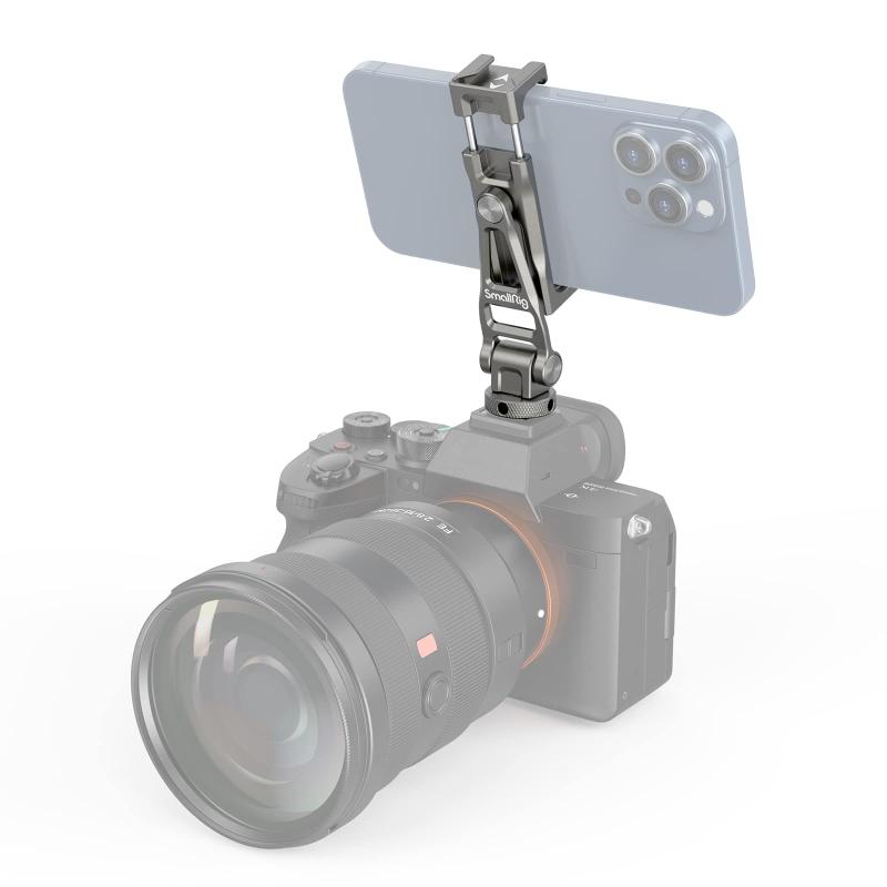 SmallRig 汎用アルミスマホホルダー カメラ用 三脚 一脚用アダプター コールドシューと1/4 "-20ネジ穴付き 三脚/カメラ用アダプター 360°回転 撮影 Vlogging インタビュー用 15/15Pro/15Pro Max/14
