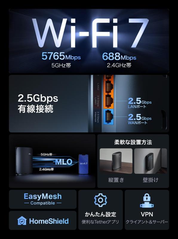 TP-Link WiFi ルーター WiFi7 無線ルーター 高速 BE6500 2.5Gポート IPv6 5764+688Mbps IPv6対応 VPN対応 3年 Archer BE400 2
