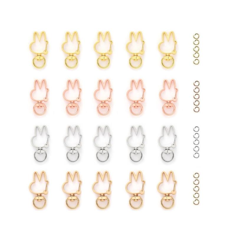キーホルダー金具 20個 回転カン付き ワンタッチキーホルダー カワイイ DIY用パーツ 手作り キーリング シルバー ゴールドなど4色 (兎キーホルダー)