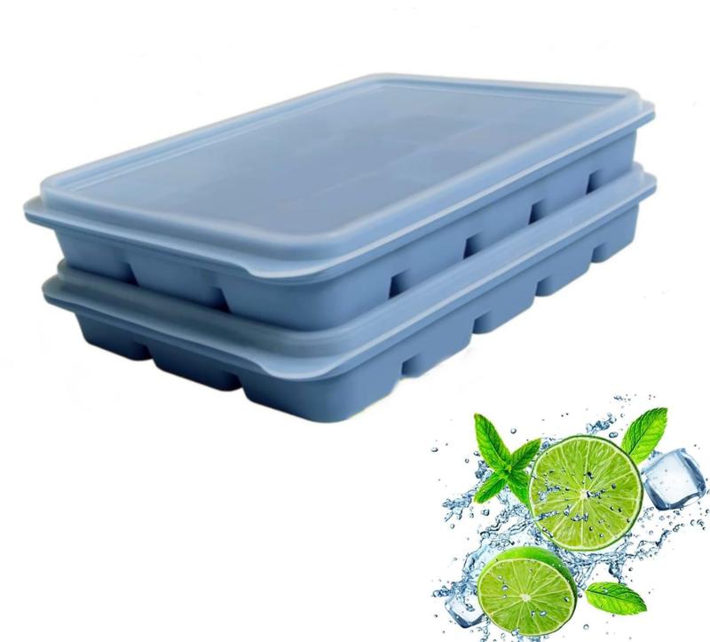 製氷皿2個入り 四角氷 シリコン製氷機製氷ケースアイスキューブ 氷トレー 小分け ソフト取り出しやすい 蓋付き冷凍保存 耐久性 多用途 DIY (青)【パッケージ内容】蓋付き製氷皿2個セット、カラー：青、サイズ：18.5×13×3cm、温度...