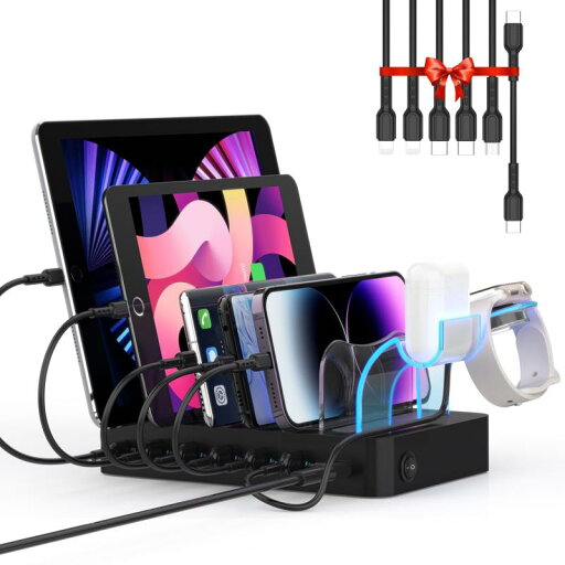 首佩 60W 6ポートUSB急速充電ステーション、PSE認証済 充電スタンド 6本の充電ケーブルが含まれ、 iPhone iPad iWatch iPodと互換性があり、I-Watch充電器ホルダー、電話、タブレット、その他の電子 首佩 60W 6ポートUSB急速充電ステーション、PSE認証済 充電スタンド 6本の充電ケーブルが含まれ、 iPhone iPad iWatch iPodと互換性があり、I-Watch充電器ホルダー、電話、タブレット、その他の電子