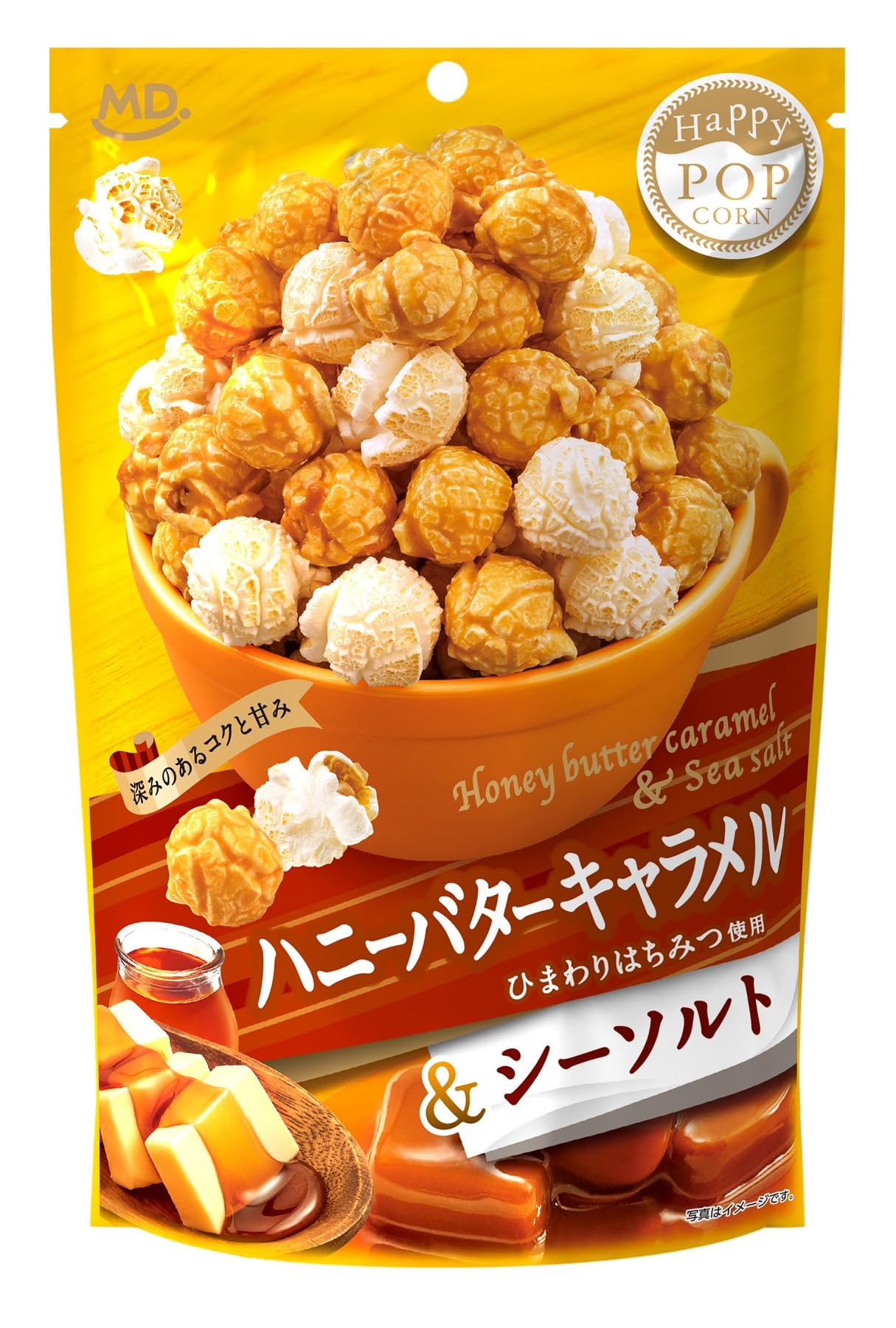 商品情報商品の説明商品紹介 「ハッピーポップコーンシリーズ」。たっぷりのバターを使用したバターリッチポップコーンです。色とりどりのパッケージで華やかな売り場を演出しました。シンプルなシーソルトと相性抜群ですたっぷりのバターとコクのあるひまわりはちみつを使用し、深みのある味わいのハニーバター味と、シンプルな味わいのシーソルト味が楽しめます。 原材料・成分 砂糖（国内製造）、コーン、バター、水飴、植物油脂、ひまわりはちみつ、食塩／香料、着色料（カロチン）、乳化剤、重曹、（一部に乳成分・大豆を含む）主な仕様 原材料:砂糖（国内製造）、コーン、バター、水飴、植物油脂、ひまわりはちみつ、食塩／香料、着色料（カロチン）、乳化剤、重曹、（一部に乳成分・大豆を含む）商品サイズ(高さx奥行x幅):33cmx23cmx15cm