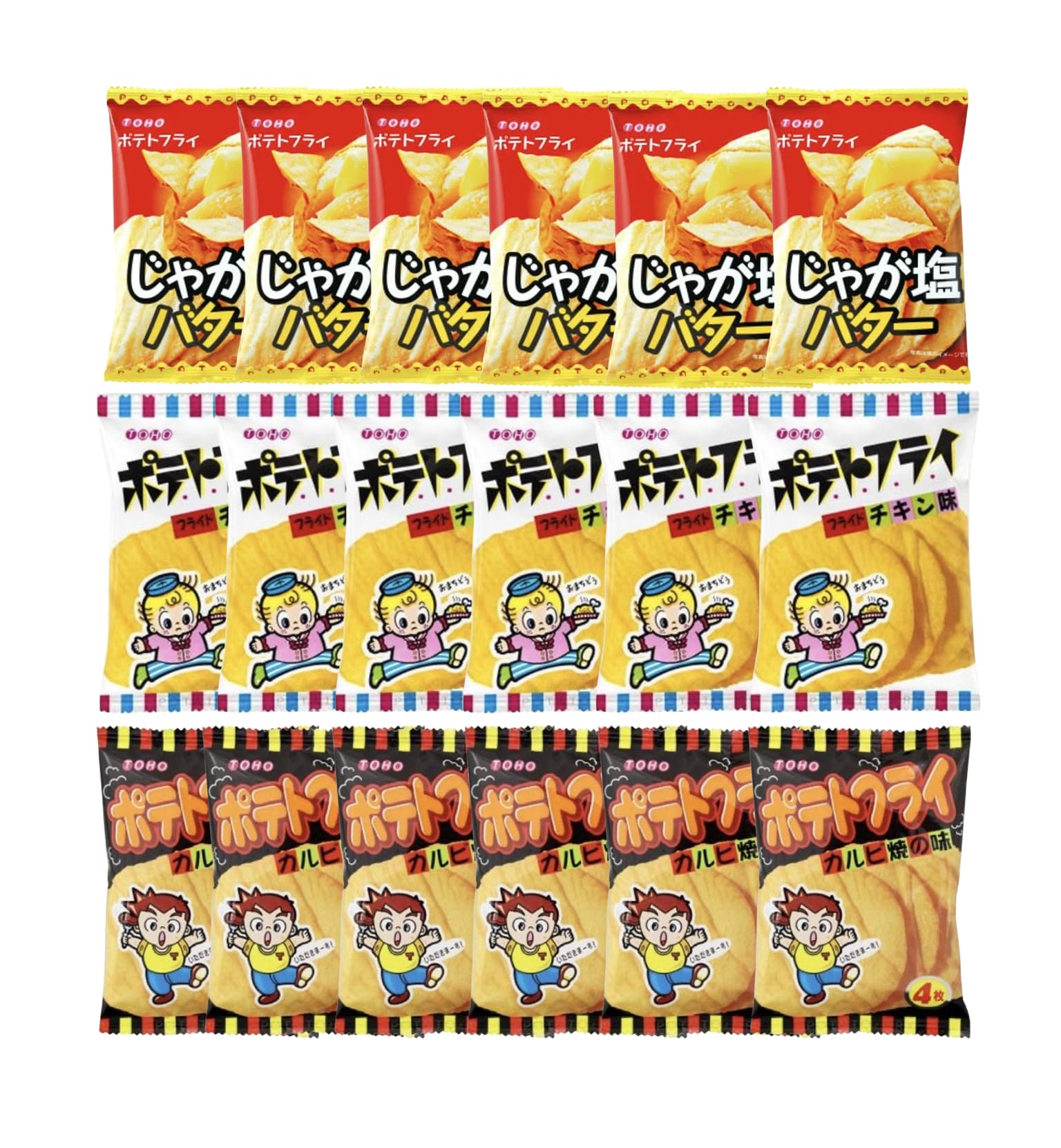 商品情報 商品の説明 東豊製菓のロングセラー駄菓子「ポテトフライ」を、3種類の味で楽しめるアソートセットです。 じゃがいもの旨みとまろやかな塩加減が特徴の「じゃが塩バター」、香ばしい甘辛味がクセになる「カルビ焼」、スパイシーで食欲をそそる「フライドチキン」を合計18袋（じゃが塩バター6袋・カルビ焼6袋・フライドチキン6袋）詰め合わせました。 長年愛されてきた定番の駄菓子スナックは、世代を超えて楽しめる懐かしさと安心感があります。おやつタイムや小腹が空いたときの軽食として、ご家庭や会社に常備しておくと便利です。 主な仕様 3種類の味が楽しめるアソートセット（じゃが塩バター6袋・カルビ焼6袋・フライドチキン6袋） 個包装タイプで持ち運びやすく、おやつや配布用にも便利 人気の定番駄菓子スナック まとめ買いや大人買いに最適で、家庭や職場のストックにもおすすめ # 【送料無料】東豊製菓 ポテトフライ アソート 18袋セット【じゃが塩バター・カルビ焼・フライドチキン各種6袋】駄菓子 詰め合わせ お子さんから大人まで、誰もが楽しめる「ポテトフライ」が18袋も入ったアソートセットです。おやつに何を選ぼうか迷ったことはありませんか？その選択肢を一気に解決してくれるのがこの商品です。このアソートセットには、塩バター風味の「じゃが塩バター」、香ばしい「カルビ焼」、そしてスパイシーな「フライドチキン」が各6袋ずつ含まれています。多種多様な味を楽しむことで、あなたのおやつタイムが特別なものになるでしょう。家族や友人とシェアすれば、笑顔が広がります。また、個包装なので気軽に持ち運ぶことができるのも嬉しいポイント。おやつに最適で、イベントや景品としても活用できます。ぜひ、この機会に「ポテトフライ アソートセット」を手に入れて、豊かな味わいを楽しんでください。 ## 様々な味わいの魅力 東豊製菓のポテトフライには、魅力的な3種類の味があります。それぞれの味は特長があり、異なる楽しみ方を提供してくれます。まず「じゃが塩バター」は、じゃがいも本来の旨みを引き立てる優しい塩加減が特長です。バターの風味が鼻をくすぐり、食べるごとに満足感を得られます。この味は、特に小腹が空いた時にピッタリです。次に期待できるのは「カルビ焼」。香ばしさと甘辛さが絶妙にマッチし、まるで焼肉を楽しんでいるかのような感覚が味わえます。お酒のお供としても好評で、特に大人の方におすすめです。そして最後は「フライドチキン」。スパイシーで食欲をそそる味わいが、ついつい手を伸ばさせます。どの味も個性豊かで、毎回異なる体験ができるのが嬉しいところです。これら3種の味を楽しむことで、飽きることなく食べ進められるでしょう。 ## おやつだけでなく、特別なシーンにも活用 このポテトフライのアソートセットは、ただのおやつだけではありません。会社でのちょっとした休憩や、友人との集まり、さらには子供のパーティーにも最適です。職場に持ち寄れば、同僚たちの話題になりますし、ボリューム感も満点です。また、個包装なので、配布用としても気軽に使うことができます。バラまき用のお菓子を探している方には、特におすすめします。イベントや景品としても大変人気があり、受け取ったらついつい笑顔になってしまうこと間違いなしです。家庭でのストックにも便利で、いつでも新鮮な味を楽しめる点が魅力です。このように、幅広いシーンで大活躍するので、ポテトフライのアソートセットはお買い得な商品となっています。 ## 商品の仕様と注意点 ポテトフライ アソートセットには、合計18袋のスナックが含まれています。各味は6袋ずつで、袋は個別に包装されているため、持ち運びが簡単です。おやつとしての便利さはもちろん、仕事やイベント時の差し入れとしても適しているため、非常に用途が広いです。ただし、おいしさのあまり食べ過ぎに注意が必要です。カロリーや塩分の摂取には気を付けながら、適量を楽しむことをおすすめします。また、品質保持のため、直射日光や高温多湿を避けて保管してください。長期の保存が可能ですが、開封後はできるだけ早く食べるのがベストです。美味しさを追求するためにも、保存方法には気を使いましょう。このように、楽しむためのポイントを念頭に置くことで、さらに満足度の高いおやつ体験が得られます。 ## まとめ - ポテトフライのアソートセットは3つの味を楽しめる - 個包装で持ち運びやすく、イベントやパーティーにも最適 - 友人や同僚に配布しやすい、シェア文化を促進するおやつ - カロリーや保存方法に注意しながら楽しむことが重要 このポテトフライを通じて、おやつタイムがもっと楽しくなります！さあ、あなたもお好みの味を見つけて、ぜひご購入を検討してみてください。