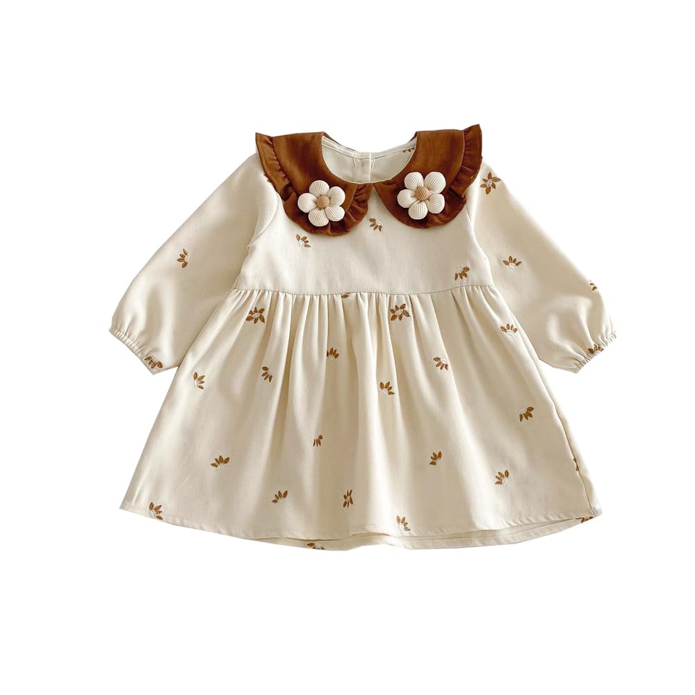 【送料無料】[Baby koi] ガールズ服長袖ワンピース女の子春秋洋服フォーマル子供ドレス結婚式お宮参り発表会七五三バースデー通園服キッズ贈り物ギフト総柄 色：ベージュ、サイズ：100