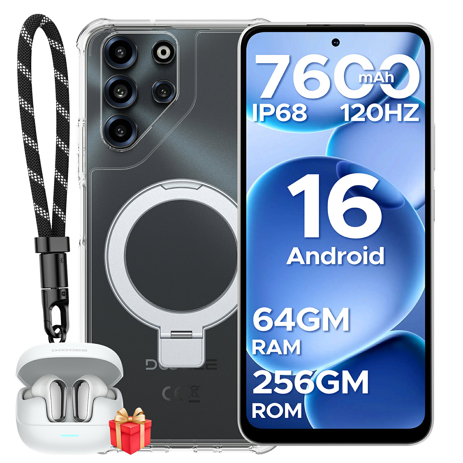 DOOGEE B10PROセット版 ワイヤレスイヤホン付き SIMフリー 防水スマートフォン IP68防水 GeminiAI Android16スマホ 6.63インチ FHD 120Hz 7600mAh 33W急速充電 Helio G100高性能 64GB RAM+256GB ROM 64MPカメラ 4G LTE 指紋&認証 Widevine L1 ケース付