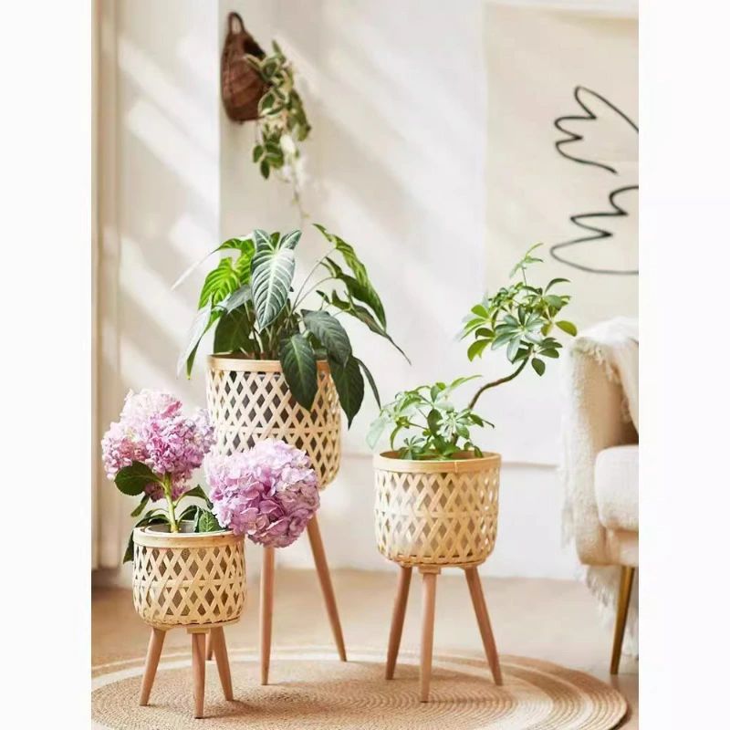 Flower Stand - 鉢スタンド 観葉植物 竹編み おしゃれ 編み込み 植木鉢置き 収納グッズ バスケット 観葉植物 丸型 プランタースタンド 小物入れ 花台 室内飾り 鉢カバー おしゃれ かご 鉢 置き台 園芸ラック 植物スタンド 玄関 フラワースタンド 脚付き ナチュラル 竹製