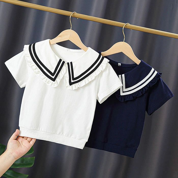Blouses, Shirts - 子供服 女児 Tシャツ 110/120/130/140/150/160cm 紺色 おしゃれ 発表会 子供 入学式 誕生日 結婚式 卒業式 七五三 楽天海外通販 ホワイト ブラウス カジュアル メール便送料無料 可愛い 半袖 女の子 入園式 夏服 コットンシャツ セーラー風