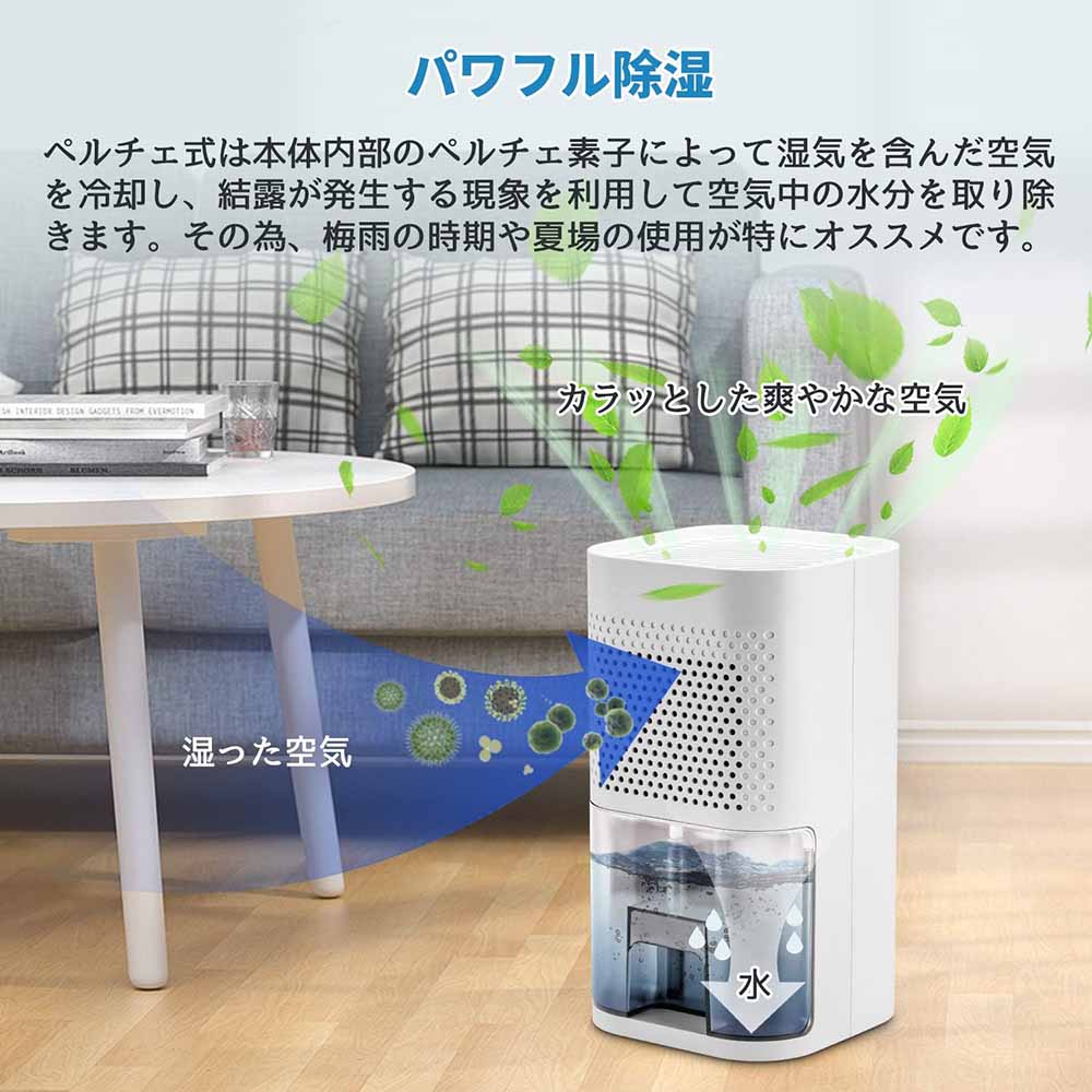 livemartの静音作業 軽量 ペルチェ式 カビ防止 書棚 台所 消臭 【時間限定！ オフィス 小型 キッチン 850ml容量 お風呂場 省エネ 梅雨対策 抗菌 1日あたり300ML除湿能力 自動停止機能 部屋干し 除湿器 ポイント10倍！】除湿機 強力除湿｜アングル3