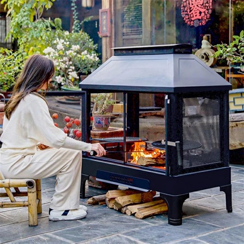 テント用 バーベキューBBQ 耐熱温度600℃ 薪ストーブ 暖炉 焚き火台 二重目的 ウッドストーブ キャンプ用 調整可能なダブルグリル 冬 焚火台 アウトドア レインカバー付き 冷間圧延鋼製の炉体 暖を取る/バーベキュー 大型