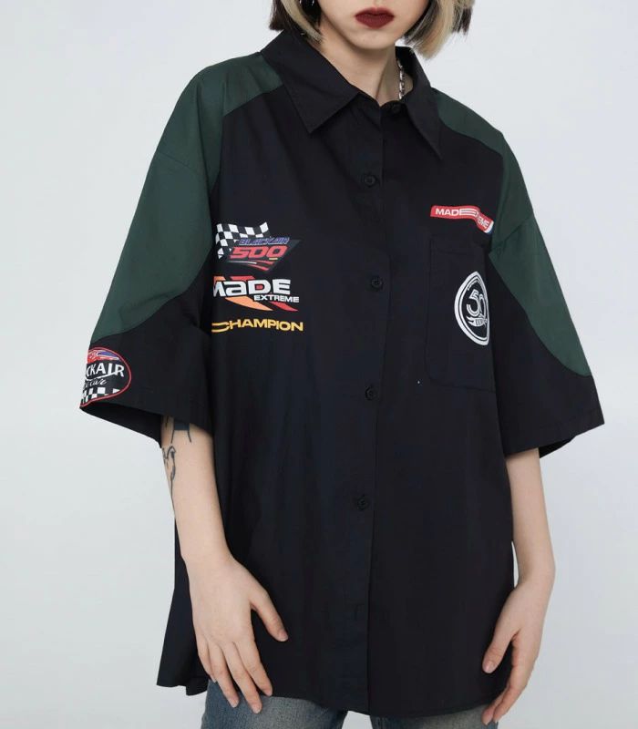 乐天商城 - レディース プリント ストリート ロゴ グリーン 2色 バックプリント ダンス ブラック ヒップホップ カットソー ボタン レッド ブラウス トップス 奇抜 シャツ バイカラー 五分袖 HIPHOP 半袖 ホワイト 衣装 デザイン メンズ 前開き 白 個性的 黒
