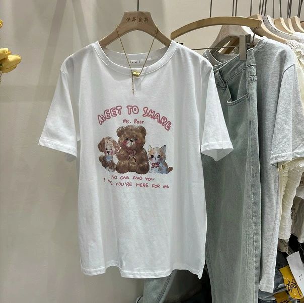 ガールズ かわいい HIPHOP 韓国 個性的 ベア 犬 全3色 プリント グレー ヒップホップ 五分袖 ネコ Tシャツ トップス カットソー 半袖 ストリート イエロー 衣装 奇抜 レディース ホワイト ダンス