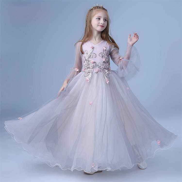 乐天商城 - 子供ドレス TZ-087 子供服 こども服 エレガント 長袖 結婚式 ピアノ プリンセスドレス 優雅 発表会 ロングワンピース ハイウエスト キッズ 女児 ガールズ Vネック チュールスカート ワンピース 子供用 ジュニア 海外通販 花柄 お嬢様風 マキシ丈 フォマール プリンセス