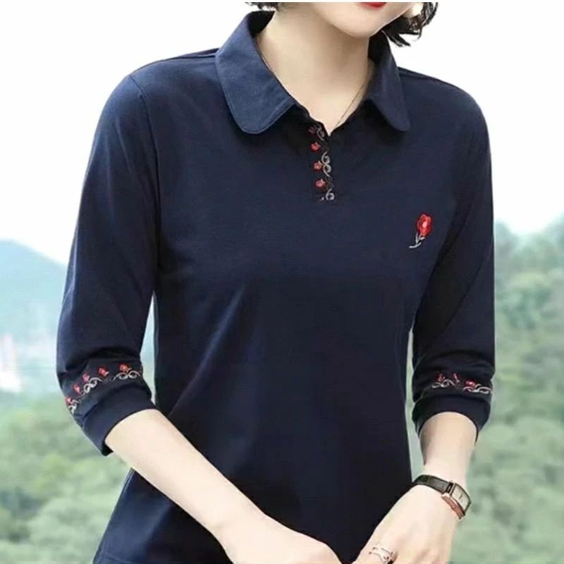 livemartの涼しい Tシャツ 体型カバー ポロシャツ 柔らかい 上品 シンプル レディース 襟付き トップス 刺繍 スポーツ 七分袖｜アングル3