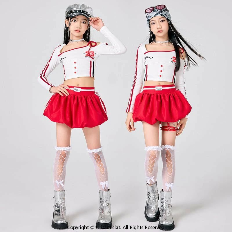 長袖 発表会 キッズ ガールズグループ風 K-POP 春秋 ショート丈スカート 吸汗速乾 ステージ衣装 ジャズダンス セットアップ 練習着 クール系 女の子 ジュニア ダンス衣装
