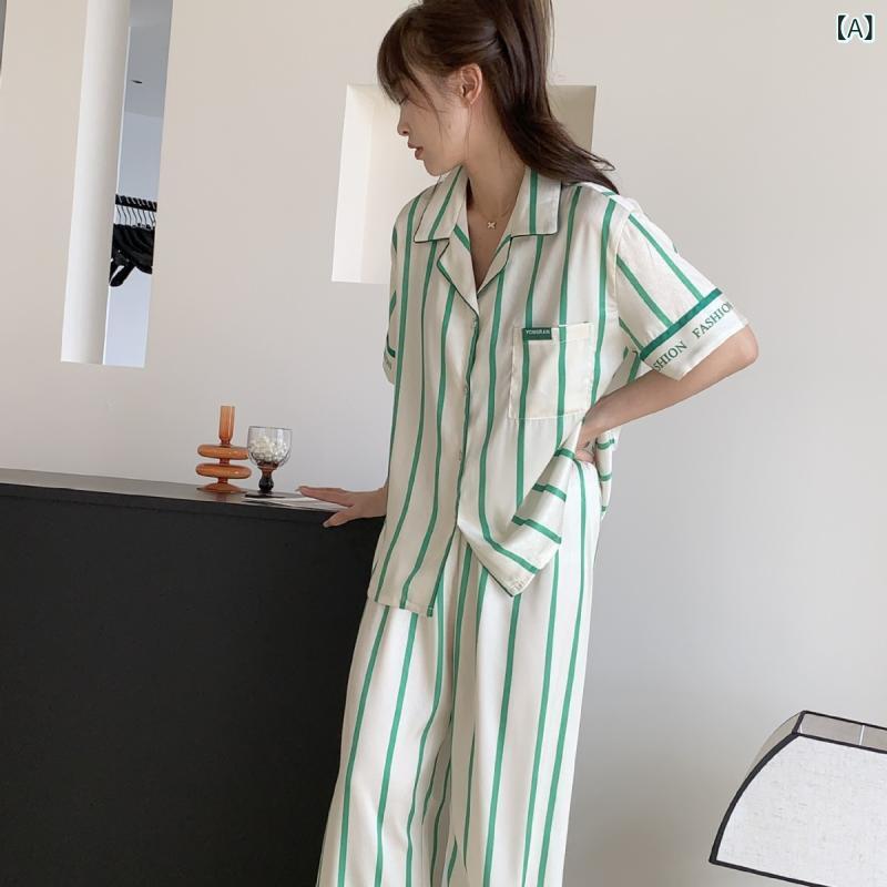 乐天商城 - 女性用 5分袖 セットアップ 薄手 レディース 長ズボン 普段使い 寝巻き パジャマ 部屋着 婦人服 ルームウェア グリーン系 ポリエステル 襟付き 涼しい 接触冷感