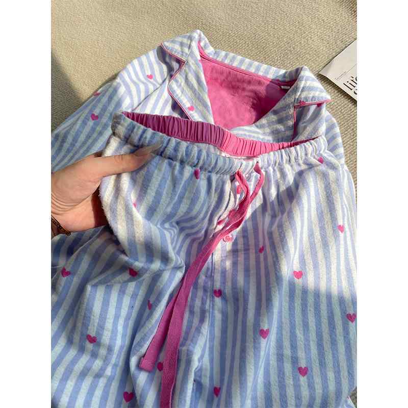 乐天商城 - 長袖長ズボン L XXXL 上下セット 婦人服 レディース S XL XXL XXXXL かわいい M 寝間着 ハート柄 襟付き ストライプ パジャマ ポリエステル 快適 部屋着 春秋