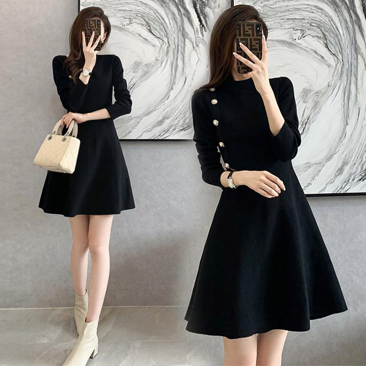 樂天商城 - オシャレ ニット ニットワンピース 黒 パール 長袖ワンピース ブラック 優雅 秋 膝丈 ひざ丈ワンピース Aラインワンピース ボタン 冬 エレガント