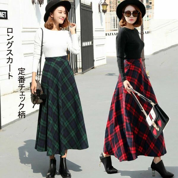 樂天商城 - 緑 M 赤 タータンチェック 定番チェック グリーン L チェック ロングスカート 冬S 着痩せ XL マキシ丈 レディース チェック柄 レトロ フレア ラインスカート スカート レッド 秋 2XL ゴムウエスト
