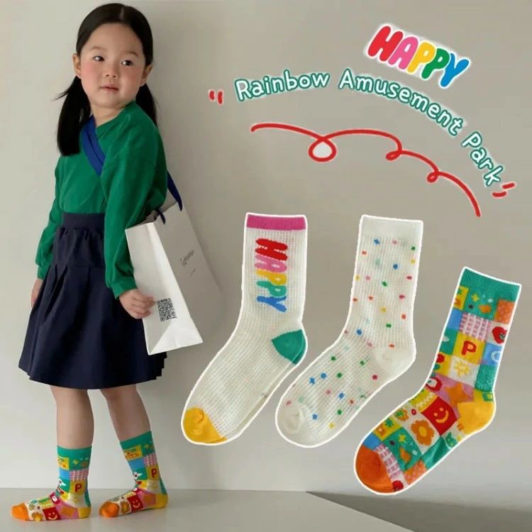 子ども 韓国 靴下 おしゃれ 3足セット ロゴ ジュニア ショットソックス 英字 キッ...
