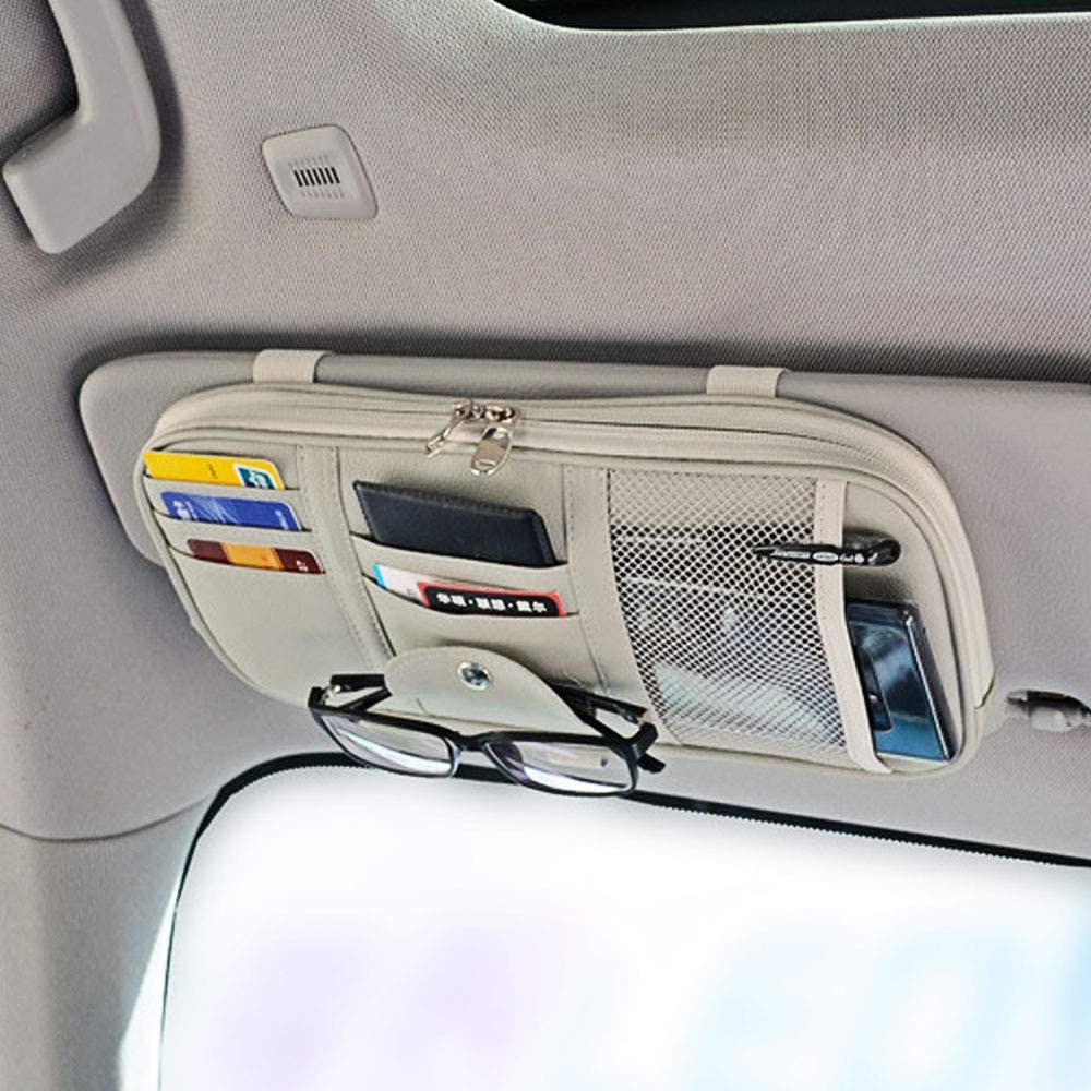 マルチポケットネットジッパー付き トラック収納ポーチホルダー 車内アクセサリー ポケットオーガナイザー グレー 車用サンバイザーオーガナイザー