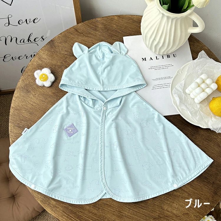 【UPF50+ プール 耳付き 水遊び 女の子 ポンチョ型 120 ラッシュガード 海 パーカー 100 紫外線対策 アウター 日焼け防止 薄手 キッズ 80 UVカット】ベビー 男の子 通気 子供服 かわいい フード付き 夏用 冷房対策 3