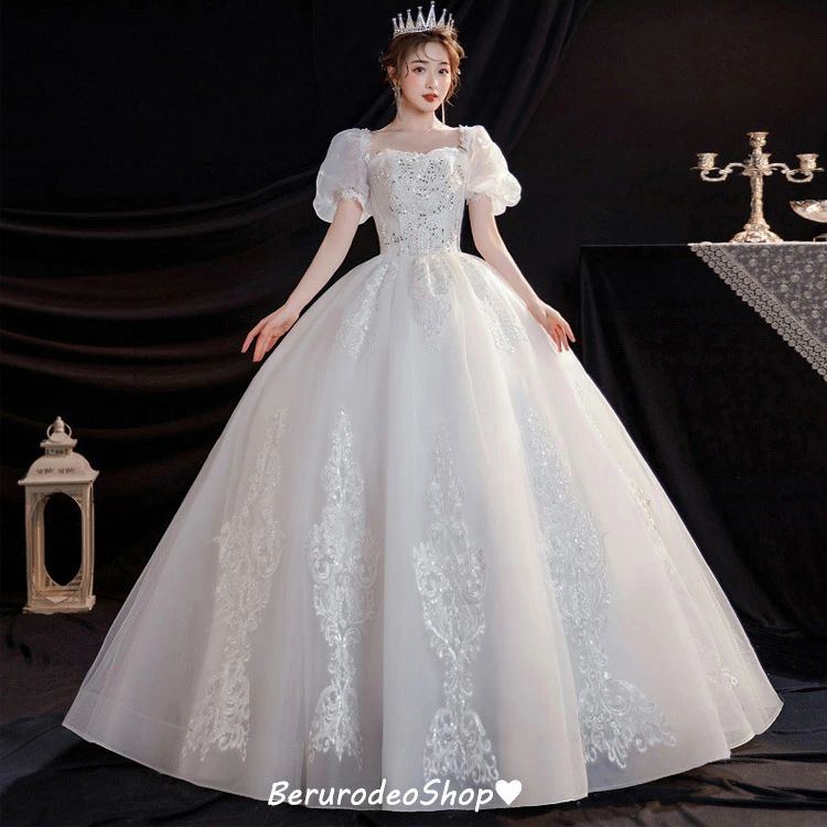 二次会 ウェディングドレス ロングドレス Aライン 結婚式ドレス ホワイト 花嫁ドレス 白 ウェディングドレス パフスリーブ レース 送料..