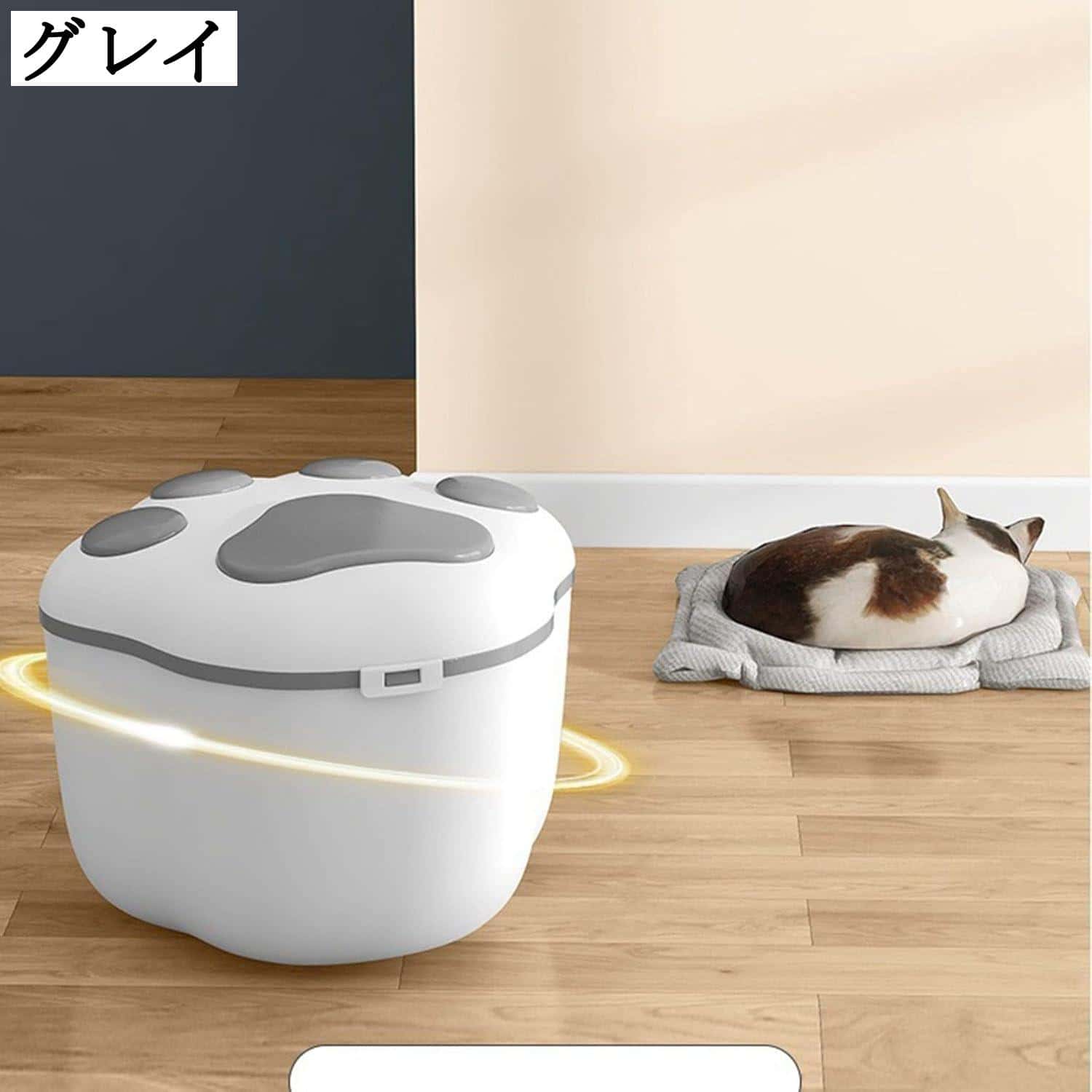 livemartのふた付き保存容器 グリーン 5kg用 キャットフード 大容量 ペットフードストッカー ピンク 31*36*20.5cm 8kg用 犬猫用 湿気防止 グレー 餌収納 ブルー 肉球デザイン 食糧ストッカー 34*34*27cm｜アングル3