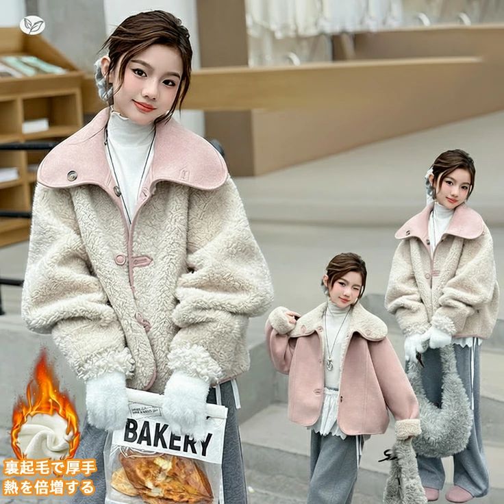 Jacket - フェイクムートン 通園 防風 お出かけ ジャケット ピンク 韓国風 柔らかい 襟付き 暖かい 無地 通学 アウター 子供服 ダブルフェイス キッズ 秋 ロング丈 春 大きめ 可愛い ナチュラル コート 女の子 ボア 冬 ジュニア 防寒 裏起毛