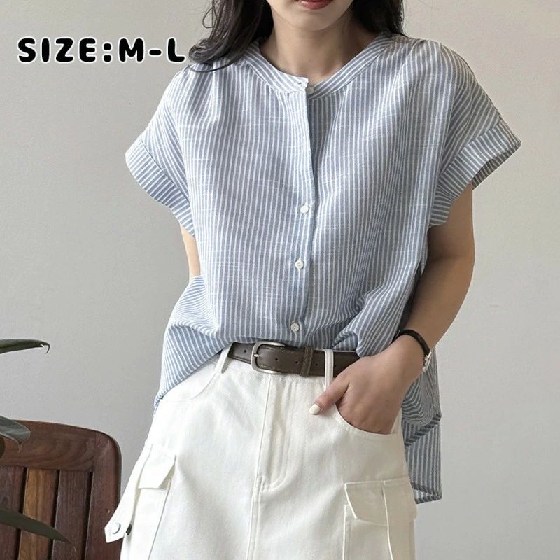 樂天商城 - 夏服 ナチュラル 新作 レディース 半袖 涼しい オシャレ ストライプ柄 シンプル ベーシック M 無地 大人女子 ボタンシャツ 前開き トップス Lサイズ 韓国風 きれいめ カジュアル 夏用 飛袖 コットン混紡 シャツ ラウンドネック 体型カバー ブルー ブラウス ゆったり