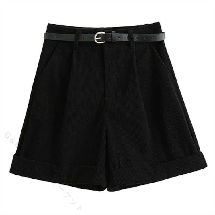 カーキパンツ 秋冬ショートパンツ ハイウエストハーフパンツ コーデュロイ短パン ...